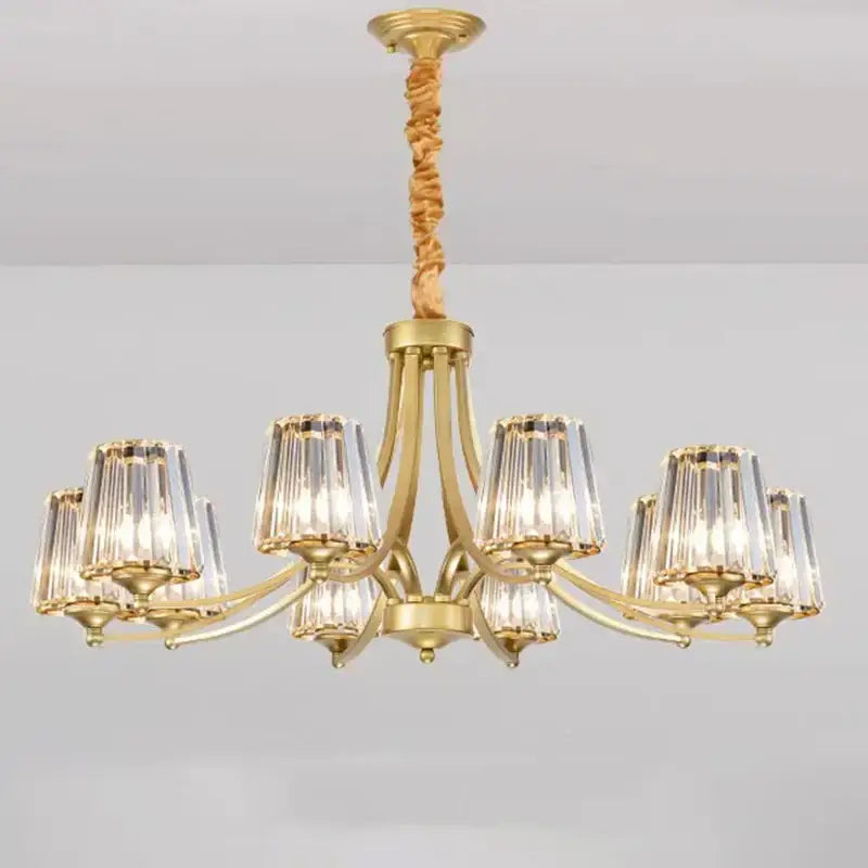 Gold-toned decorbites led pendant light chandelier with twisted rope suspension and faceted crystal shades for modern rooms