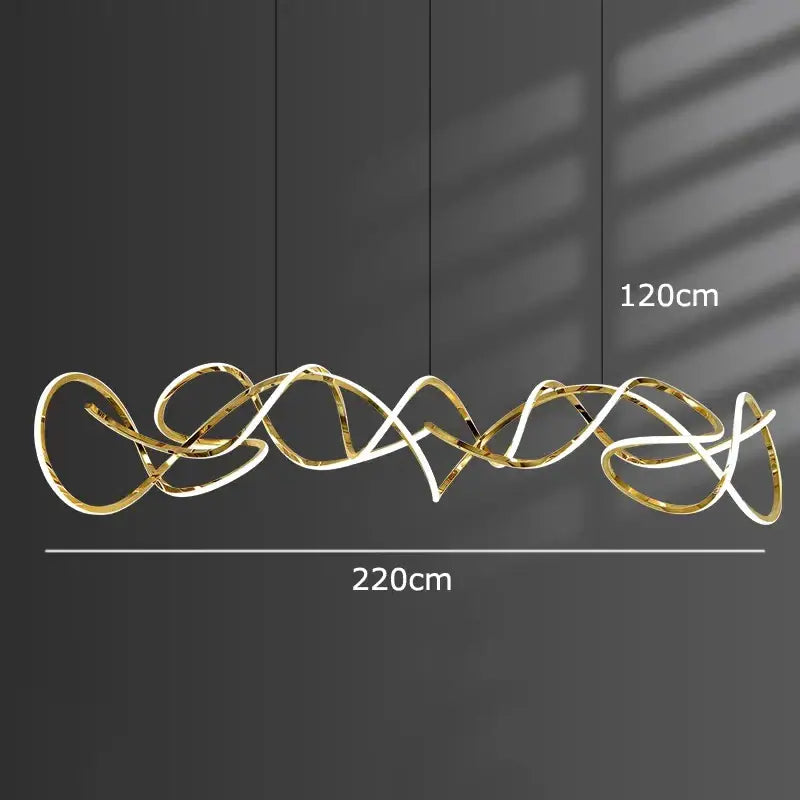Gold-toned modern DecorBites LED pendant light chandelier with abstract intertwined wire design for living and dining rooms
