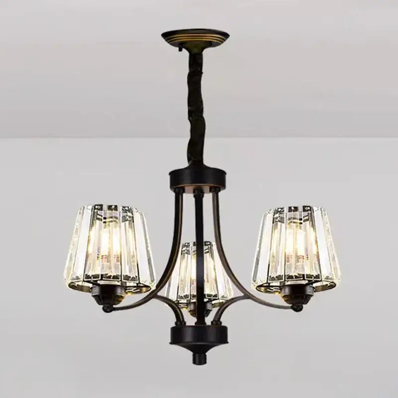 Black wrought iron DecorBites led pendant chandelier with three crystal-encased light fixtures for modern dining room lighting