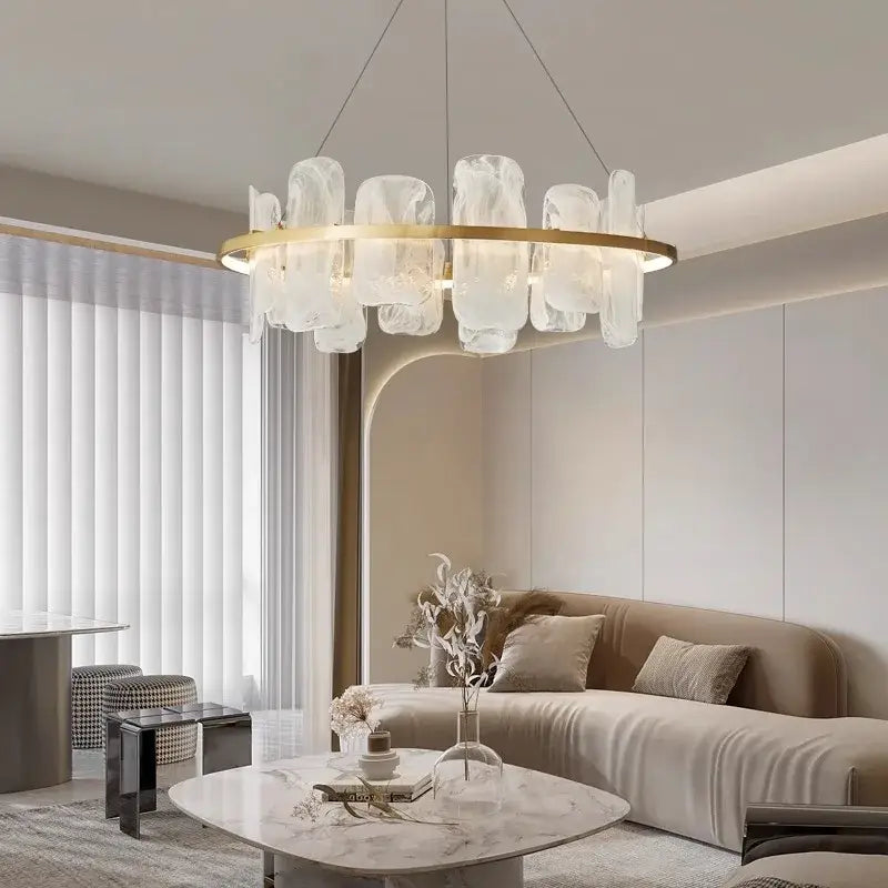 Modern decorbites led pendant chandelier with gold-toned circular frame and frosted glass for living and dining rooms