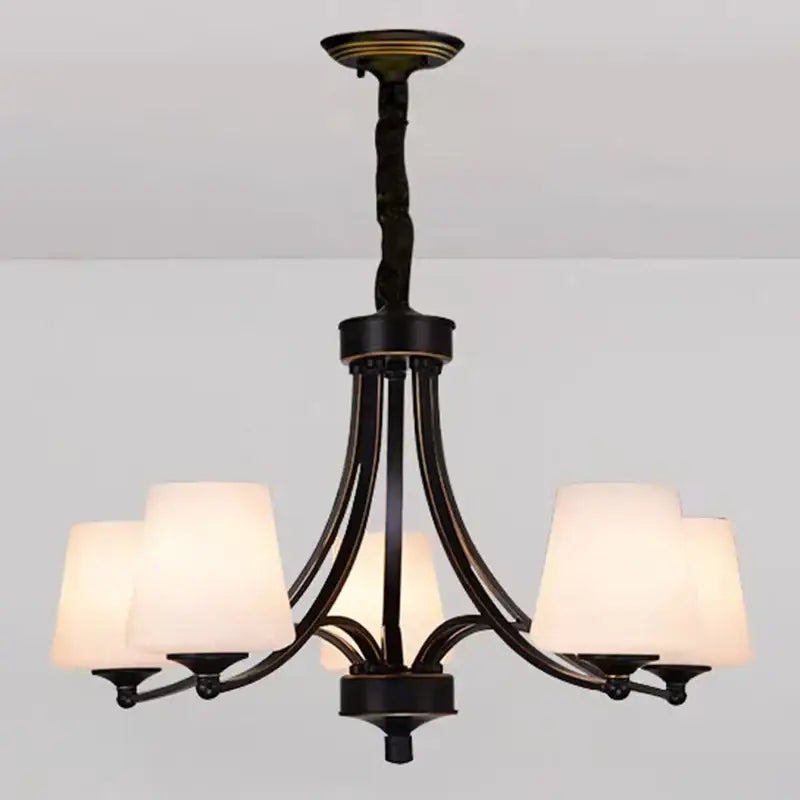 Black wrought iron decorbites led pendant light chandelier with five frosted glass shades for modern living room lighting