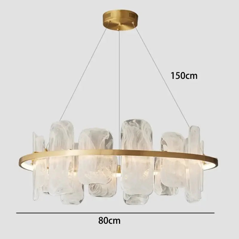 DecorBites led pendant light chandelier with gold-toned circular frame and translucent glass pieces for modern rooms