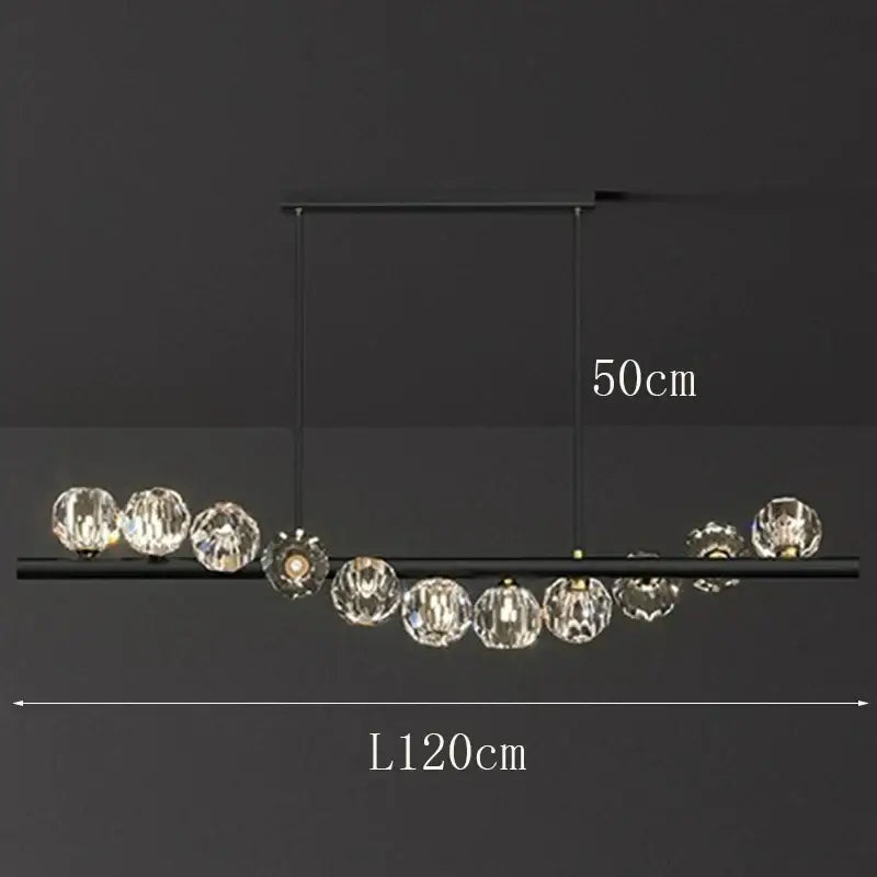 Modern black metal decorbites led pendant with faceted crystal spheres on horizontal bar for living and dining rooms