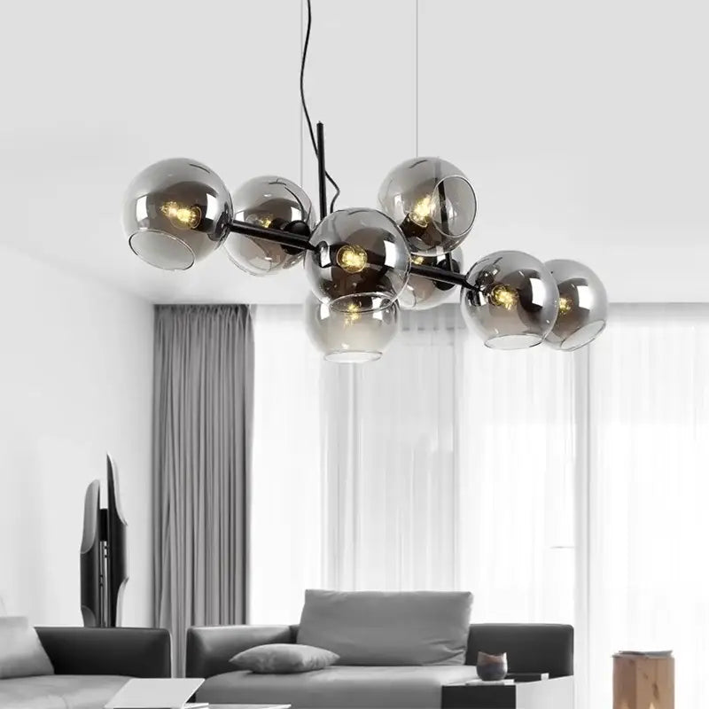Modern black metal pendant light chandelier with multiple smoked glass globes from DecorBites led pendant collection