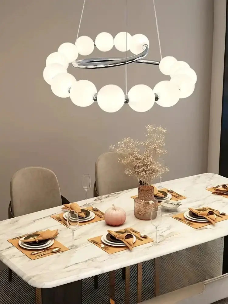 Modern chrome ring pendant light chandeliers with frosted glass globe bulbs for living and dining room decor