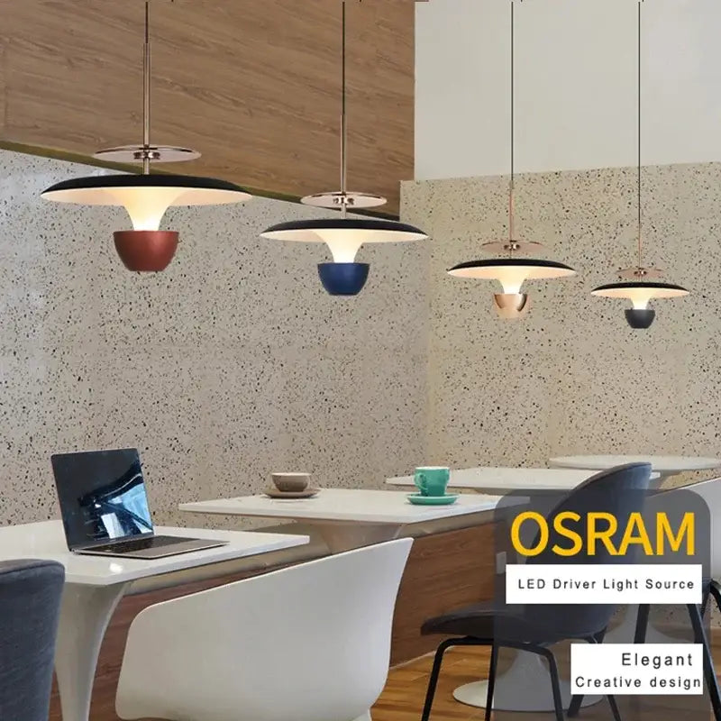 DecorBites™ led pendant light with sleek disc-shaped black shades and vibrant red and blue accents for modern interiors