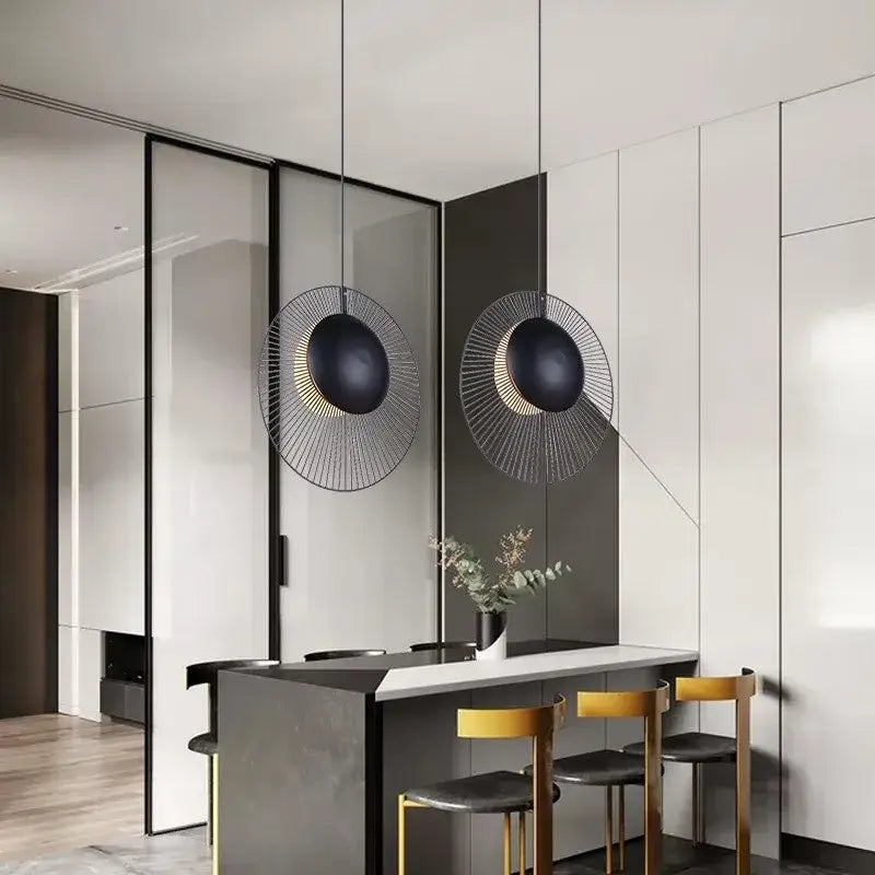 Black circular decorbites led pendant light with gold-toned wireframe accents for loft bedroom decor