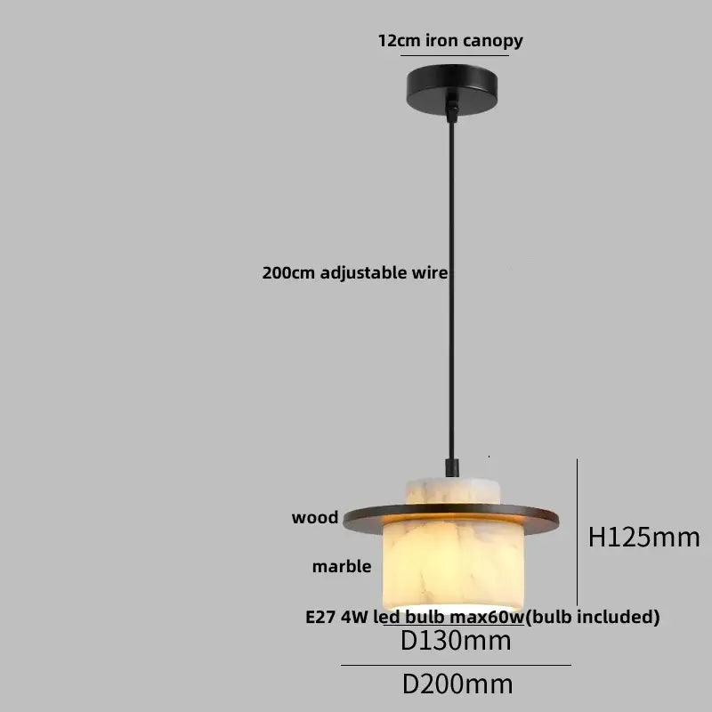 DecorBites™ pendant light fixture with black iron canopy, 200cm adjustable wire, wood and marble lamp, e27 led bulb illuminated