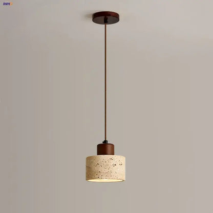 Decorbites™ modern pendant light fixture with textured beige concrete shade and dark brown wood accents