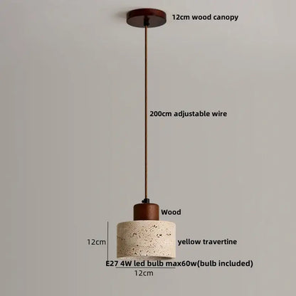 DecorBites™ pendant light fixture with yellow 12cm travertine shade and wood canopy suspended by adjustable wire