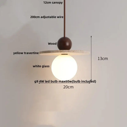 DecorBites™ modern pendant light fixture with dark wood sphere yellow travertine disc and glowing white glass globe