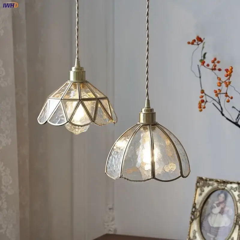 Two vintage-style brass DecorBites LED pendant lights with clear textured glass shades for modern living and dining rooms