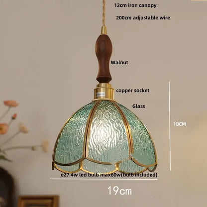 Teal textured glass pendant light with walnut iron canopy and brass accents by decorbites led pendant light fixture