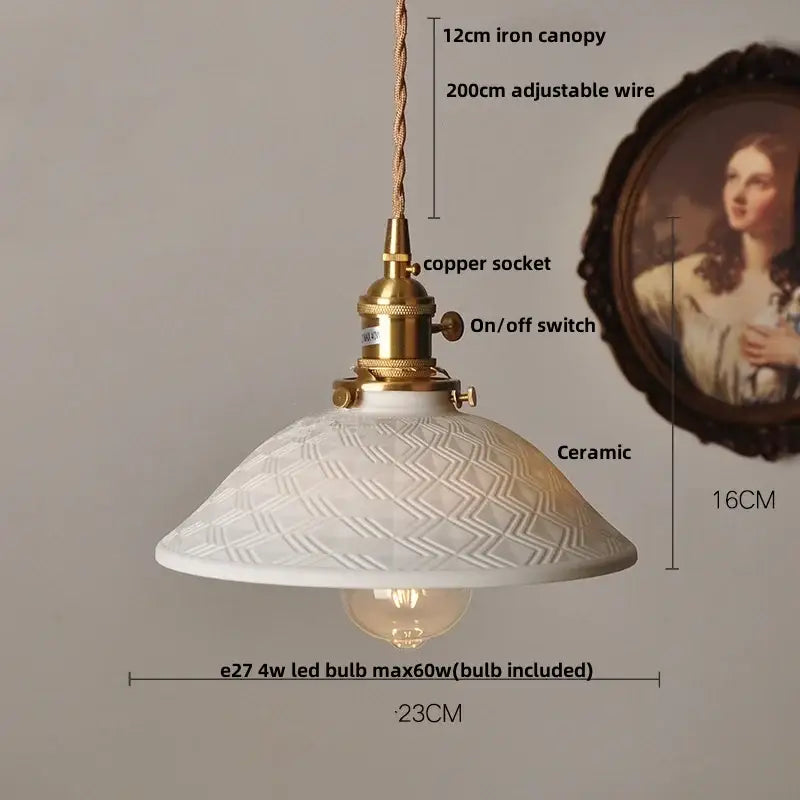 White ceramic pendant light fixture with textured diamond pattern brass hardware and adjustable copper socket decorbites led pendant