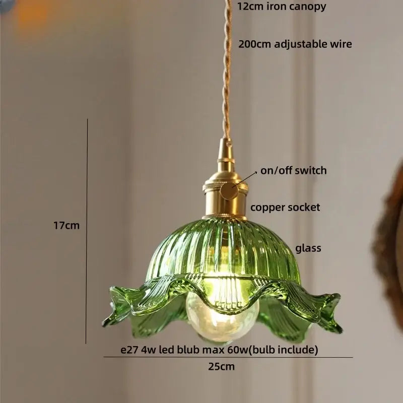 Green ribbed glass pendant light with brass fixture and adjustable copper wire suspension by DecorBites LED pendant light