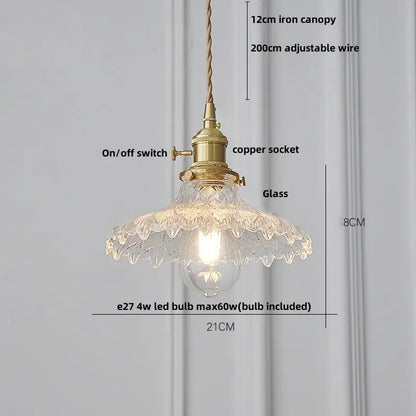 Vintage-style decorbites led pendant light with brass-finished copper socket and clear glass shade with scalloped edges