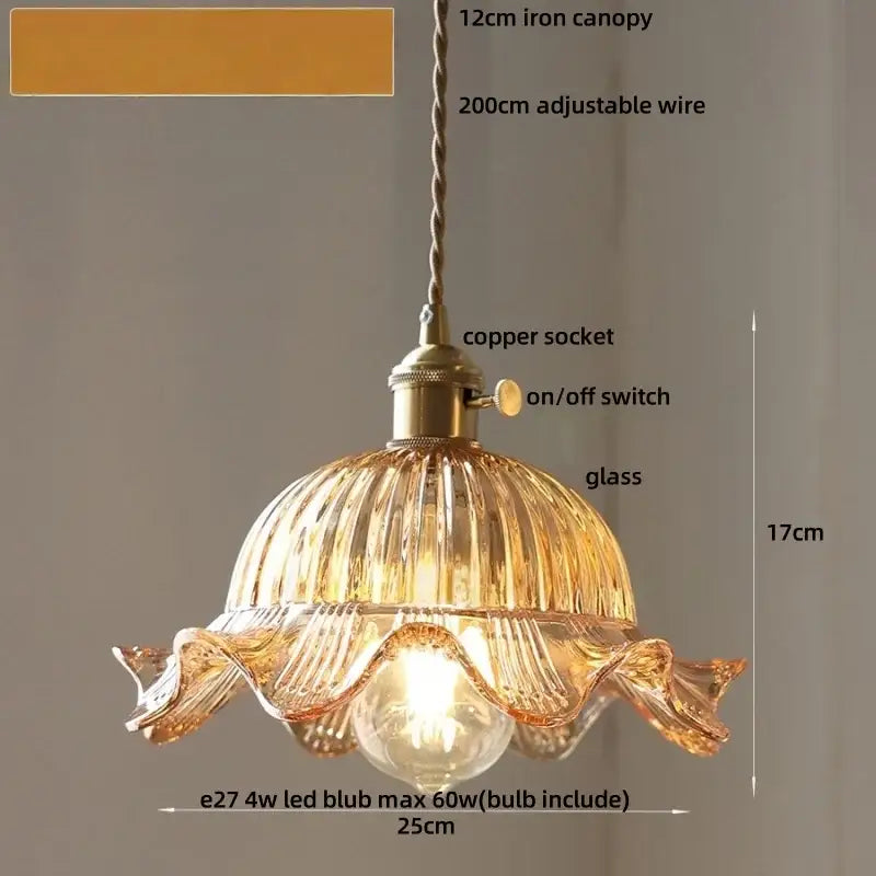 Decorbites led pendant light with warm amber glass, ribbed petal design, and brass-toned metal hardware