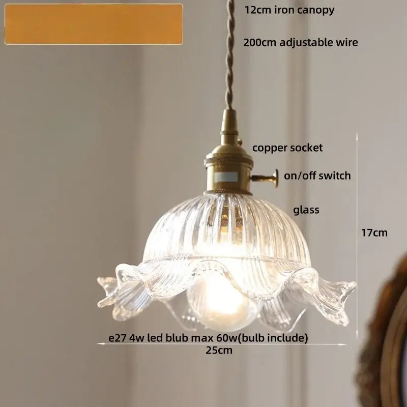 Decorbites led pendant light with clear ribbed glass shade and copper socket featuring on off switch