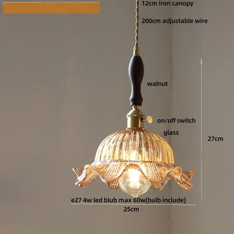 DecorBites led pendant light with warm-toned ribbed glass, walnut iron canopy, and brass hardware in modern nordic style