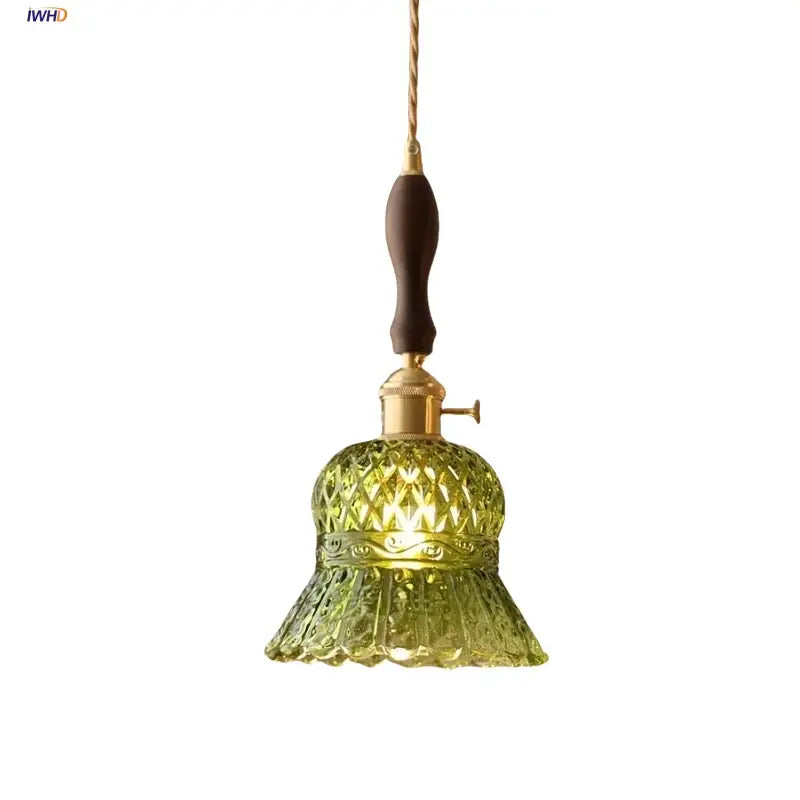 Vintage-style green glass pendant light with brass fixture and dark wood handle from DecorBites led pendant light