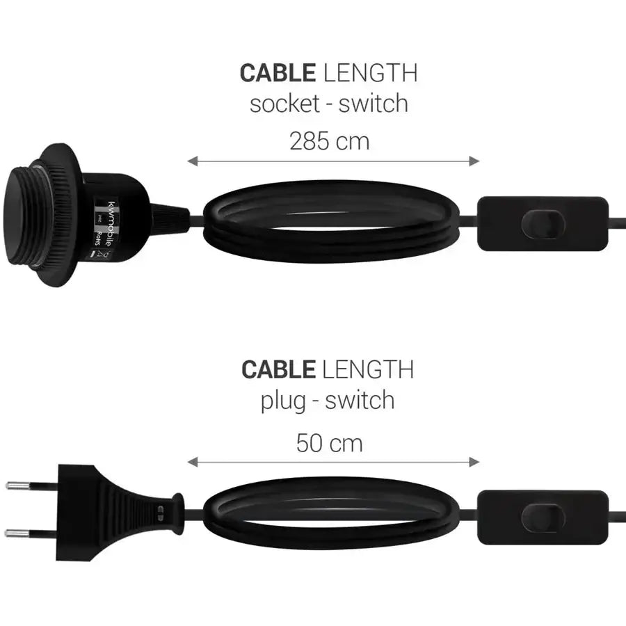 Black kynode lamp cord for decorbites led pendant light with 285 cm socket-to-switch and 50 cm plug-to-switch length