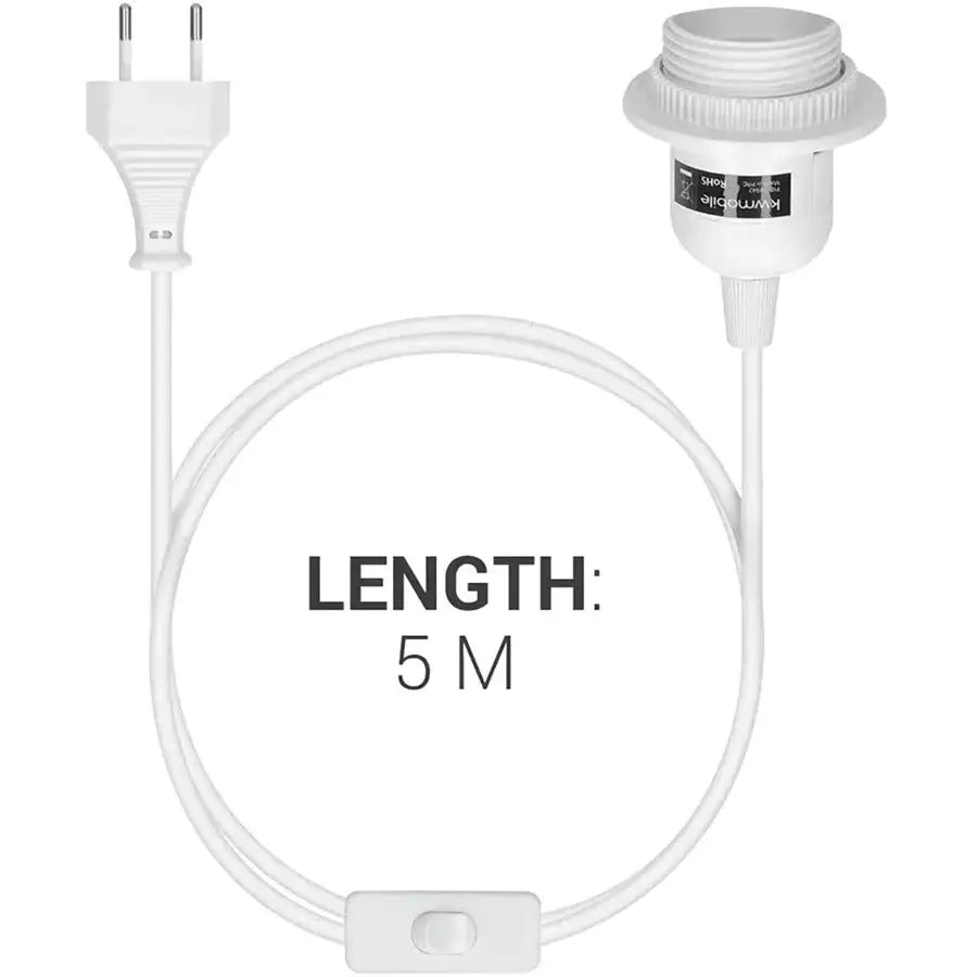 White 5-meter lamp cord with european plug e27 screw base and switch for decorbites led pendant light fixture