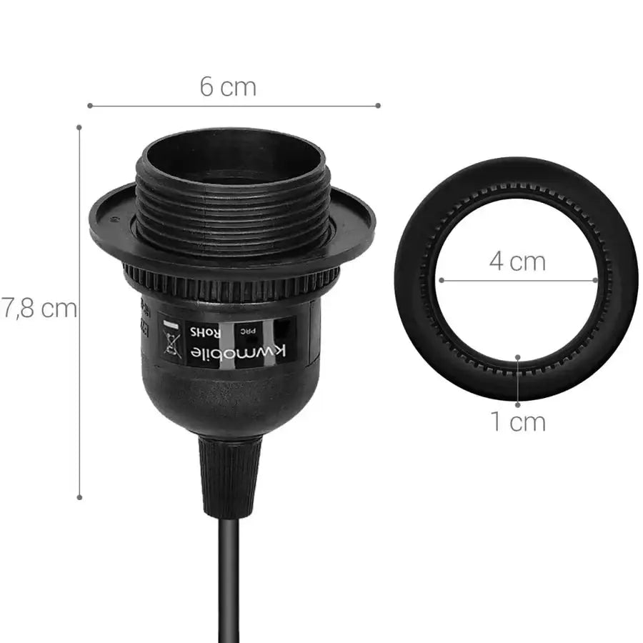Black plastic lamp socket with threaded base and textured grip ring for decorbites led pendant light fixture with e27 base