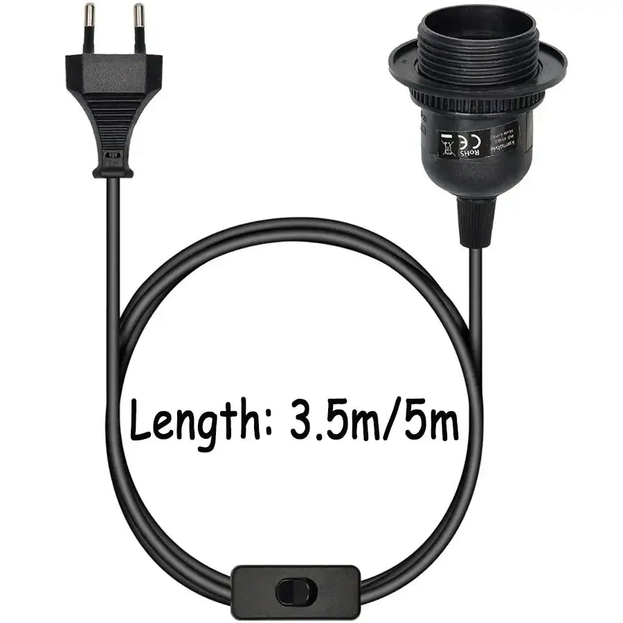 Black electrical cord with two-prong plug and inline switch for decorbites led pendant light with e27 base holder