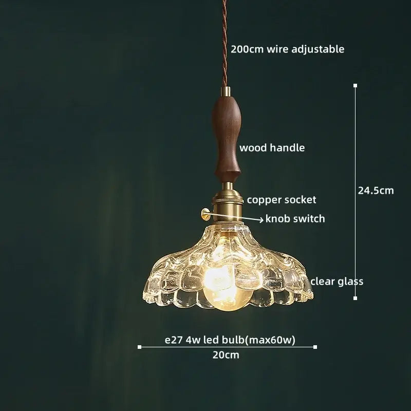 DecorBites™ led pendant light with dark wood handle, brass copper socket, and clear scalloped glass shade