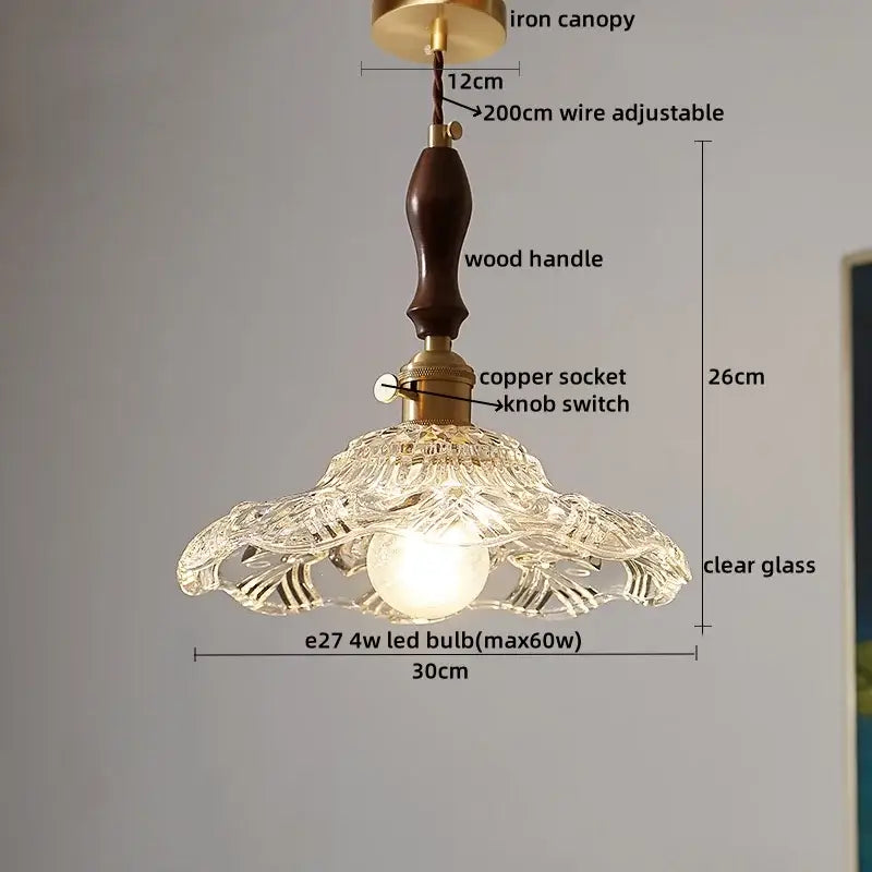 DecorBites LED pendant light with clear glass carved petal design and dark wood handle modern hanging lamp