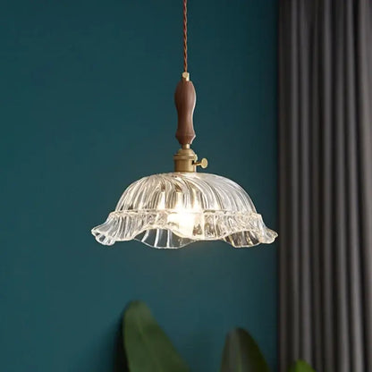 DecorBites led pendant light with clear fluted glass, warm brass fixture, and dark wood handle modern hanging lamp