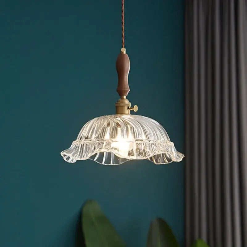 DecorBites led pendant light with clear fluted glass, warm brass fixture, and dark wood handle modern hanging lamp