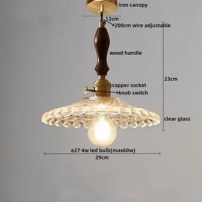 DecorBites led pendant light featuring a brass iron canopy, dark wood handle, and clear scalloped glass shade