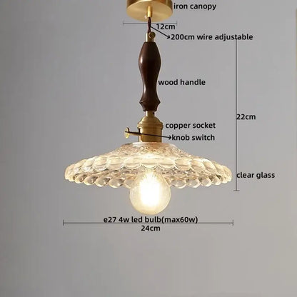 Vintage-style decorbites led pendant light with dark wood handle brass fittings and clear scalloped glass shade
