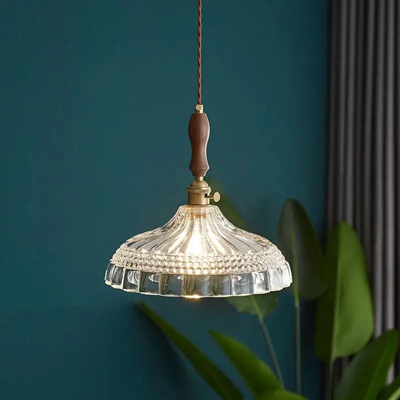 DecorBites™ LED pendant light with clear faceted glass, wooden handle, and brass hardware modern hanging lamp