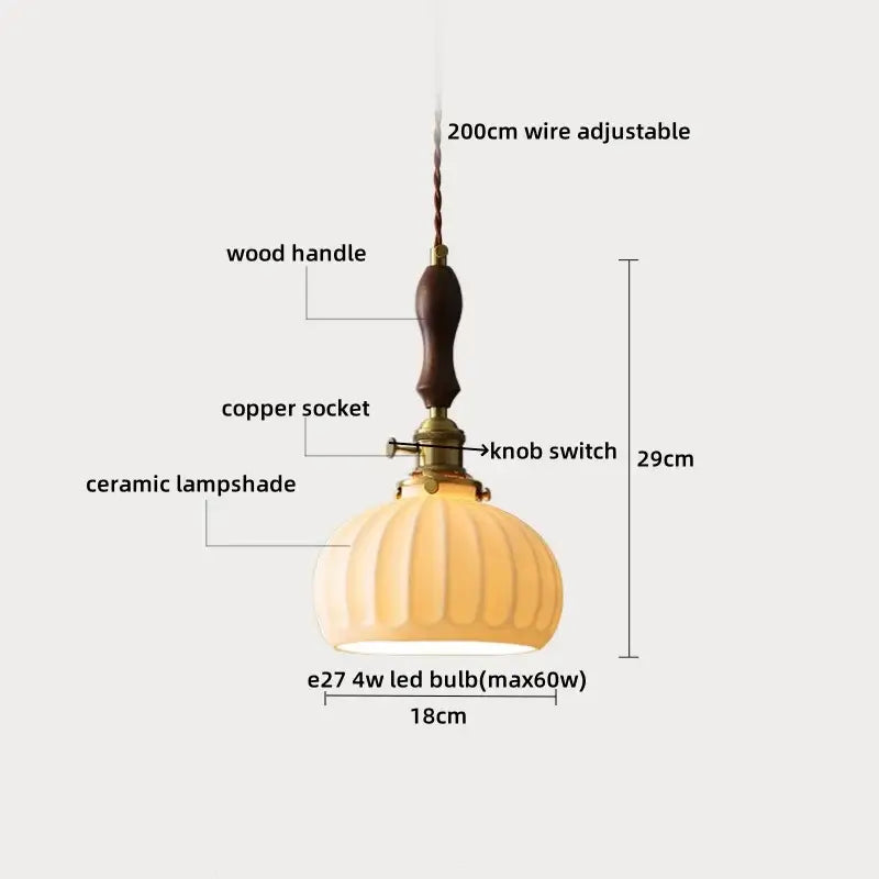 Warm-toned DecorBites led pendant light with ribbed ceramic lampshade, wooden handle, and copper socket fixture