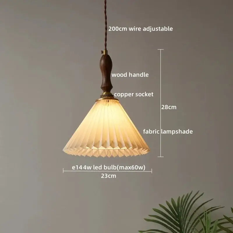 Decorbites led pendant light with warm-toned pleated fabric shade wooden handle and copper socket hanging fixture