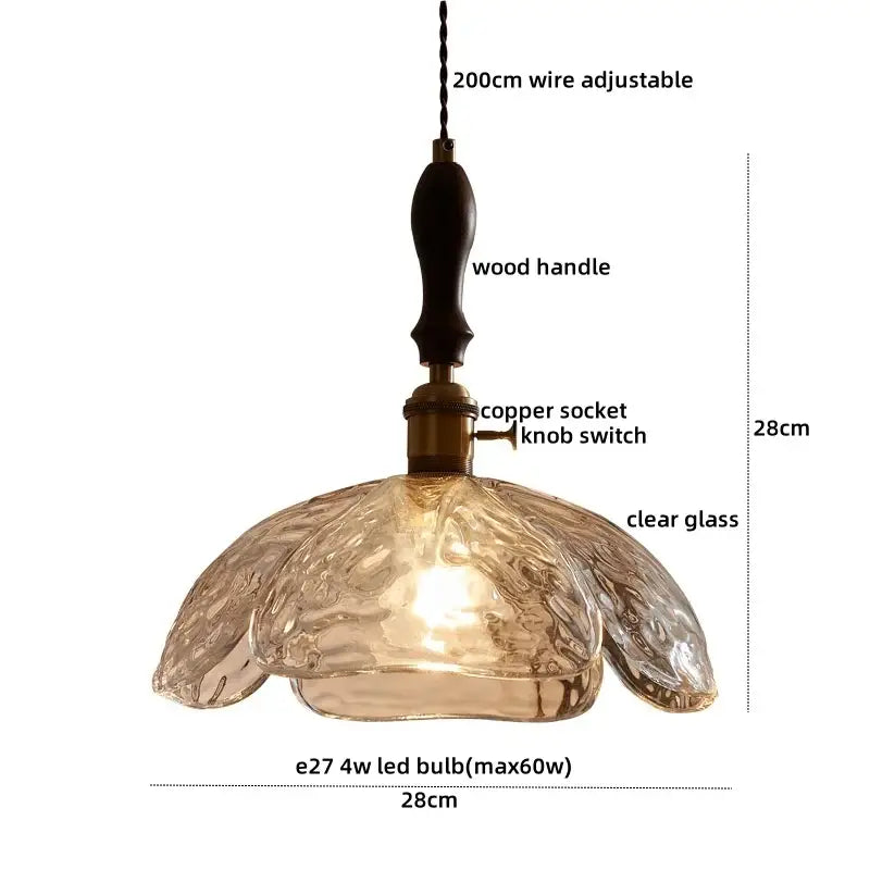 Decorbites led pendant light fixture with clear textured glass, wooden handle, and copper socket for modern decor