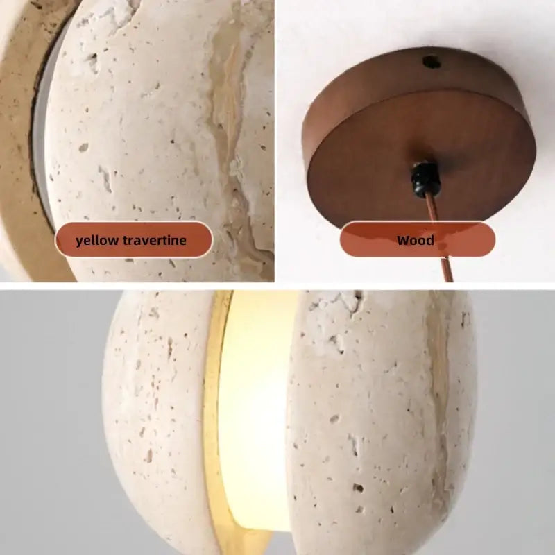 Modern DecorBites LED pendant light featuring a yellow travertine body with brass accent and wood ceiling mount
