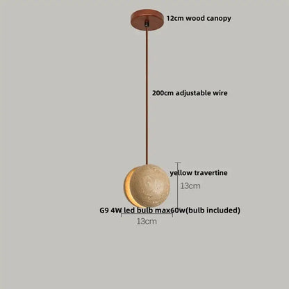 Decorbites led pendant light yellow travertine adjustable hanging lamp with spherical shade and 12cm wood canopy
