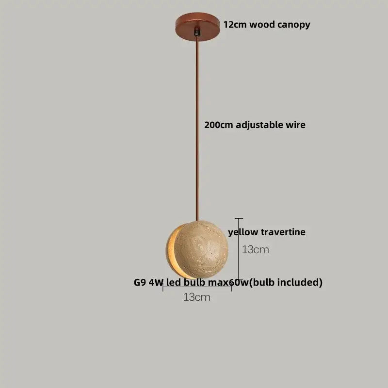 Decorbites led pendant light yellow travertine adjustable hanging lamp with spherical shade and 12cm wood canopy