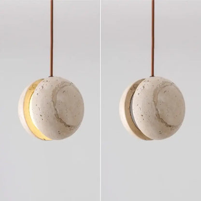 DecorBites led pendant light with a warm wooden canopy and textured yellow travertine cylindrical shade