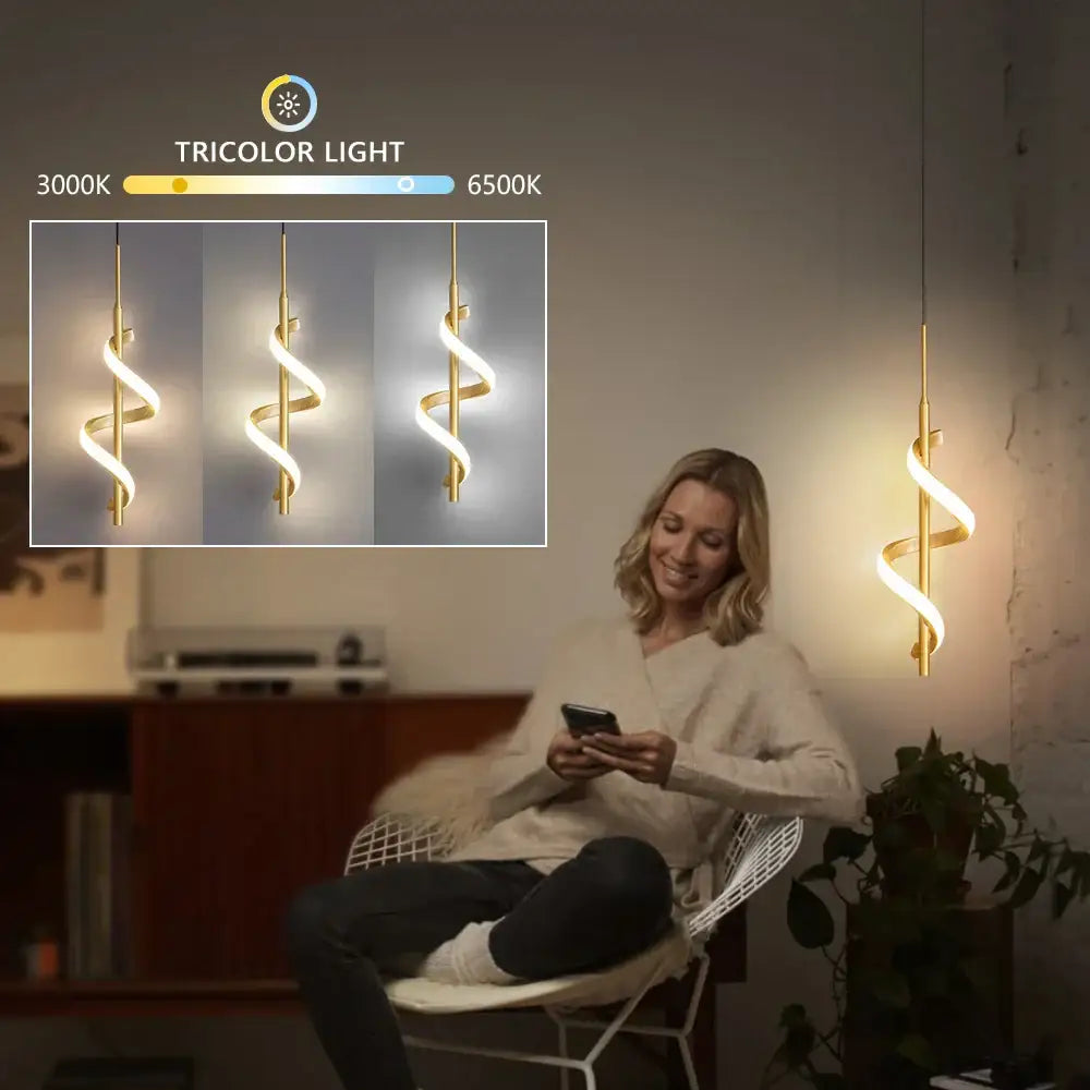 Gold-colored DecorBites led pendant light with spiral design and tricolor LED illumination for bedroom and dining room decor