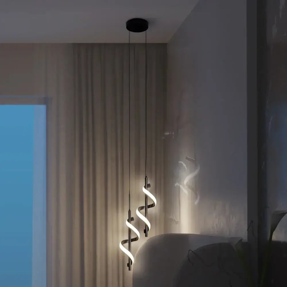 Modern black decorbites led pendant light with spiral design and glowing white led accents for bedroom and dining room