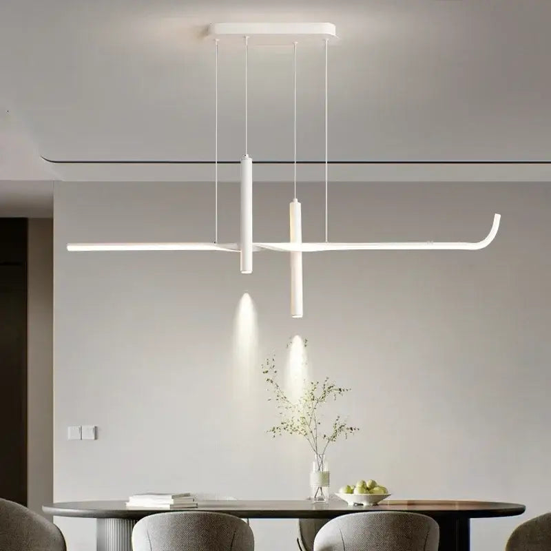 Modern white minimalist decorbites led pendant light with sleek cylindrical and curved elements for dining and living room