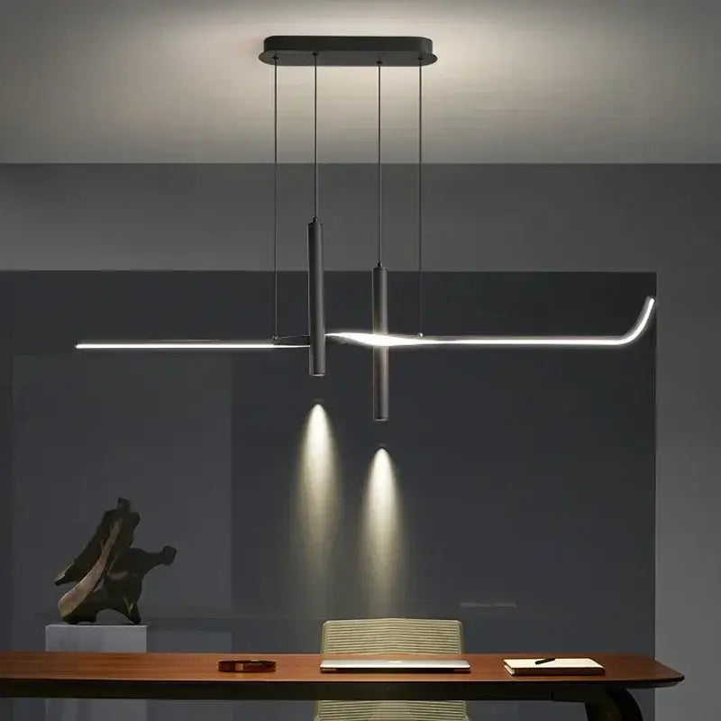 Modern black minimalist decorbites led pendant light with sleek cylindrical rods and curved led bar for home decor