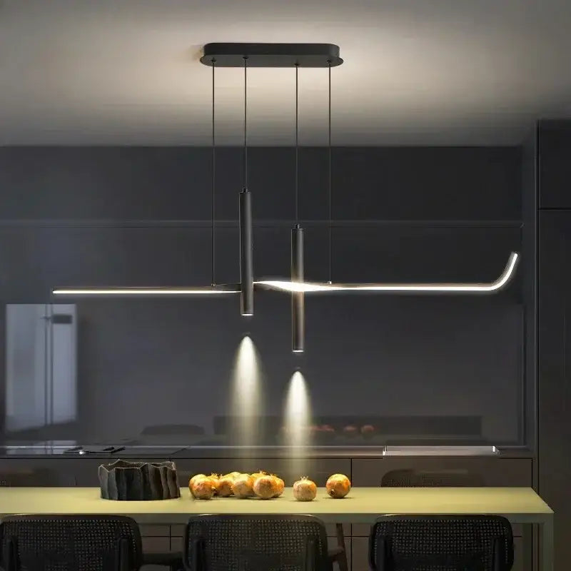 Modern black minimalist DecorBites LED pendant light with cylindrical fixtures and curved LED bar for home decor