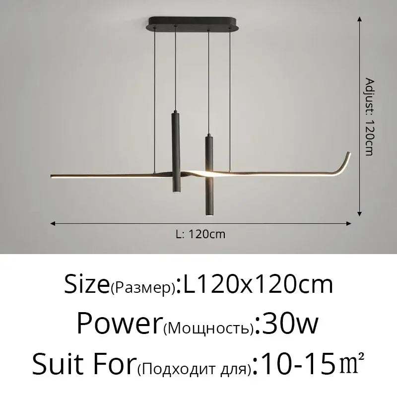 Modern black minimalist decorbites led pendant light with sleek curved led bars and adjustable hanging rods for home decor