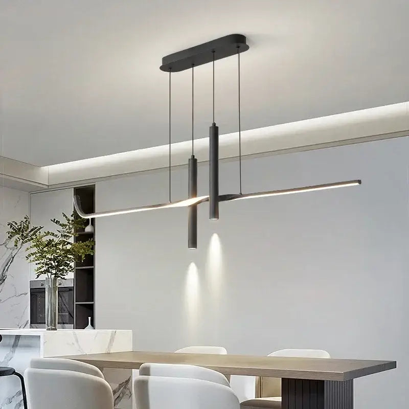 Modern black minimalist decorbites led pendant light with cylindrical rods and horizontal led bar for dining room decor