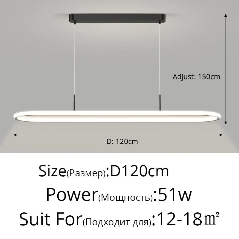 Modern black decorbites led pendant light with sleek oval diffuser emitting soft white illumination for dining table use